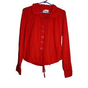 Numph Collared Button Down Cotton Blouse Tie Back Long Sleeve Coral Red 36/ US M